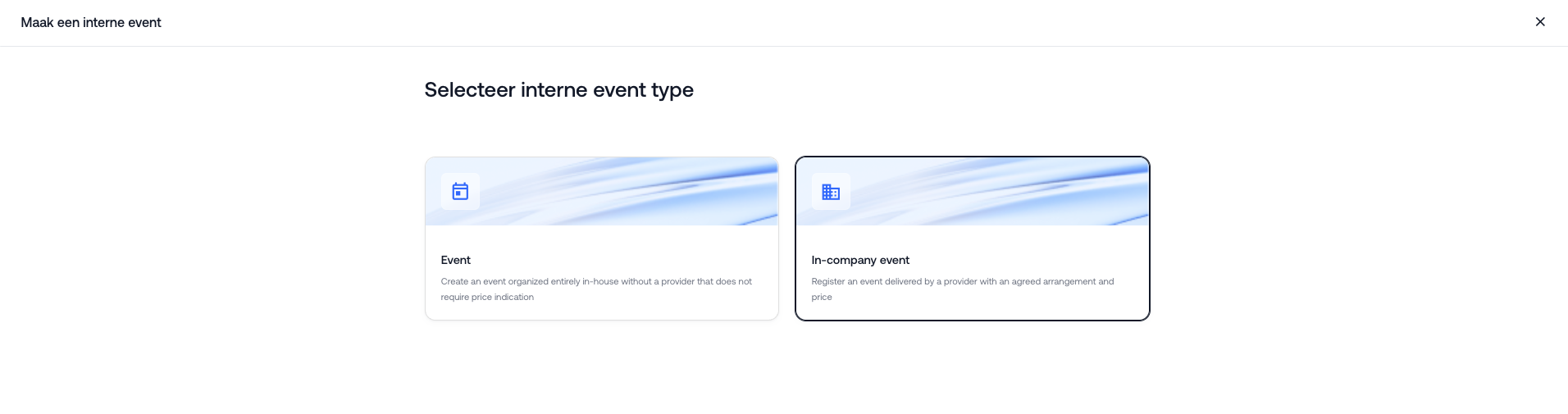 De keuze tussen een intern event en een in-company event bij het aanmaken van een event