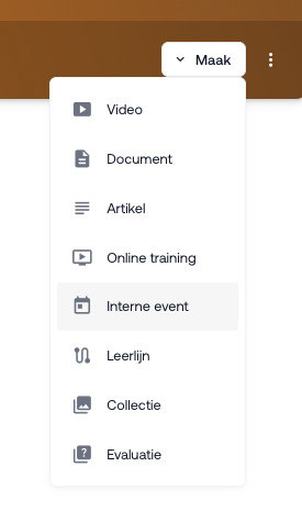 Het Maak-menu in de Bibliotheek met de optie Interne event