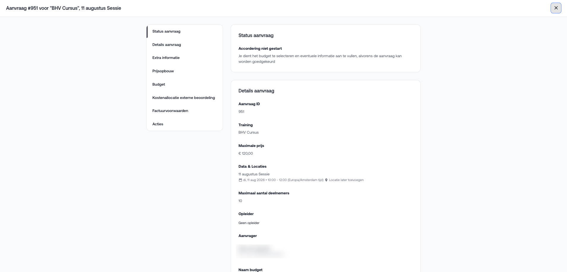De aanvraagpagina met de status van de accordering en de details van de aanvraag